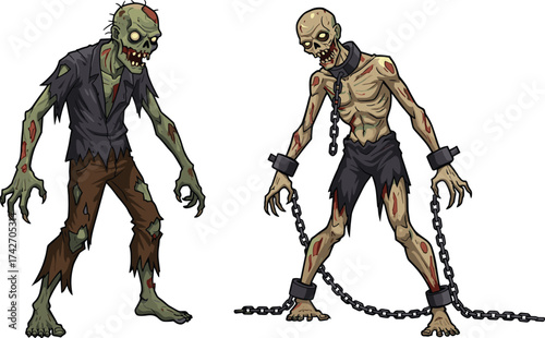 Two cartoon zombies with chains, creepy undead monster illustration, horror Halloween artwork, scary spooky design for dark fantasy theme, cad drawing flat vector illustration