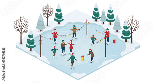 Festive ice skating rink with people in winter wonderland
