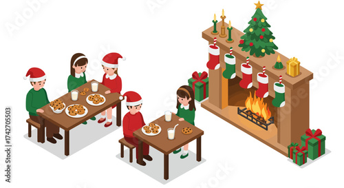 Festive family gathering around christmas fireplace with cookies and milk in…
