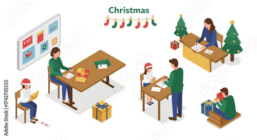 Festive holiday activities in isometric style with family celebrating christmas