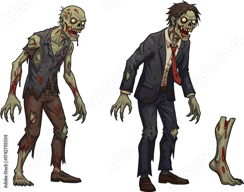 Two cartoon zombies with severed leg, creepy undead monster illustration, horror Halloween artwork, spooky scary design for dark fantasy theme, cad drawing flat vector illustration