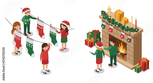 Festive isometric family hanging christmas stockings by the fireplace with gi…