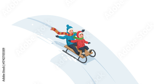 Winter adventure: children sledding down a snowy slope in cheerful winter attire