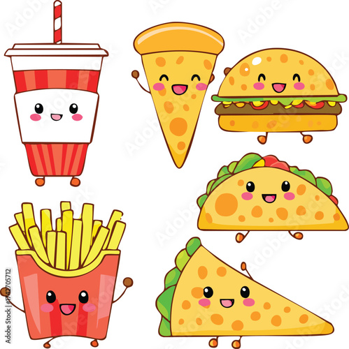 Adorable Cartoon Fast Food Pizza, Burgers, Tacos, Fries, and Drinks in Cute Illustrations