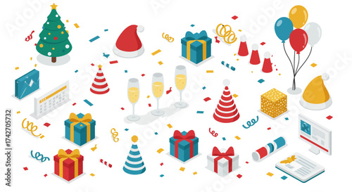 Festive holiday celebration with gifts, balloons, and decorations in isometri…