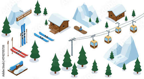 Isometric winter ski resort with cabins, skis, and snowy pine trees