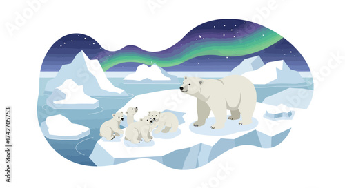 Polar bear family on ice with northern lights in arctic scene