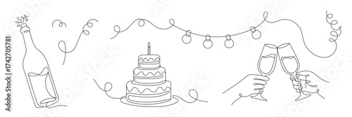 A continuous line drawing of a celebration with champagne, cake, and clinking glasses. A minimalist single-line illustration for a birthday, wedding, or New Year's Eve. Editable line.
