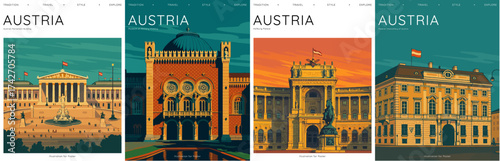 Vector illustration of Austria landmarks for postal stamps. For tourism, travel, promotional poster, advertising, guidebooks, brochures, magazine, covers, geography, wallpaper, prints, sticker, cards.