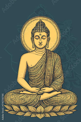 Meditative Buddha on Lotus with Mandala Background