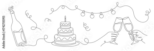 A continuous line drawing of a celebration with champagne, cake, and clinking glasses. A minimalist single-line illustration for a birthday, wedding, or New Year's Eve. Editable line.
