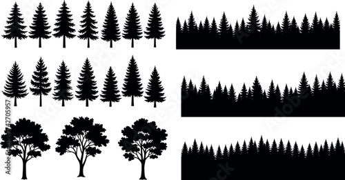 Tree and forest silhouette collection, black vector nature set, conifer and deciduous tree designs, landscape skyline illustrations for environmental and artistic use