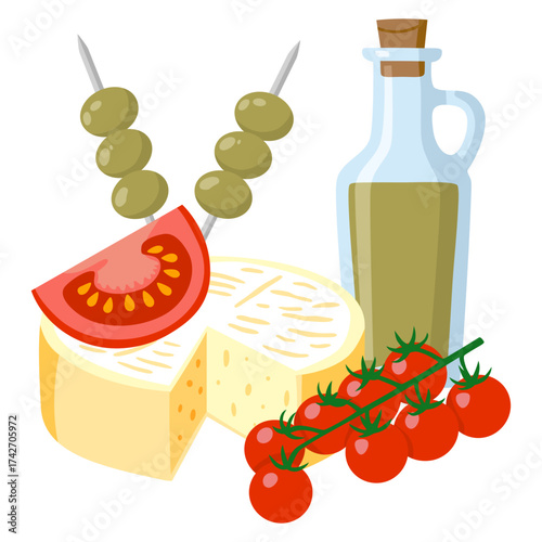 Hand-drawn illustration of bottle with olive oil, cheese, tomatoes and a skewer with pitted green olives. Colored flat cartoon vector illustration isolated on white background. Concept of healthy food