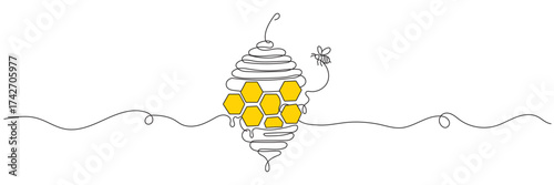 A drawing of a beehive and honeycomb done in one continuous line, editable line