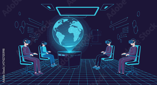 Virtual reality meeting in futuristic room with holographic globe