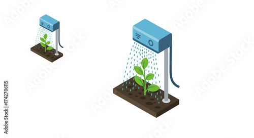 Isometric smart irrigation system with sprinkler watering small plant