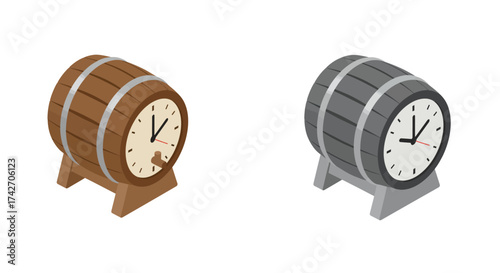Isometric barrel clocks with wood and metal textures on stands