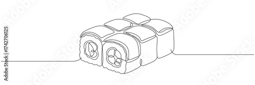 Continuous single line drawing of sushi rolls. Editable line.