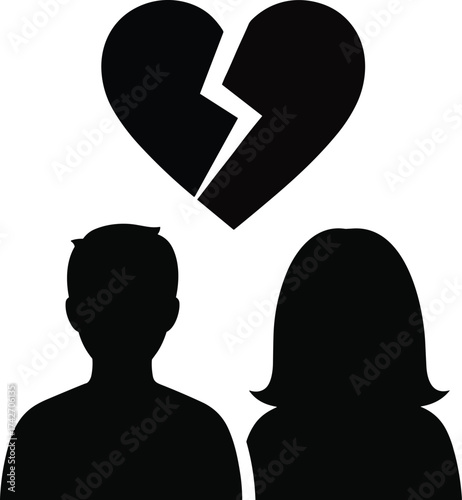Broken heart silhouette, couple separation, emotional conflict, man and woman, relationship breakup, sadness, vector, minimal, black, white, dramatic