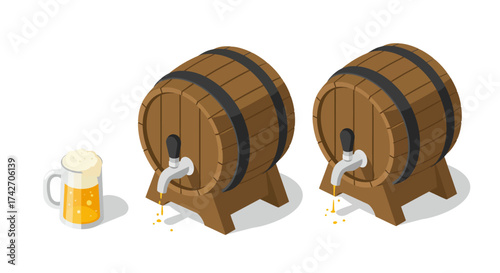 Isometric wooden barrels and beer mug on tap display