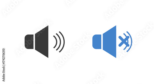 Sound and mute speaker icons in flat style for user interface design