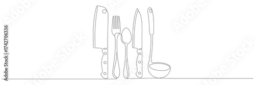 A minimalist single-line drawing of kitchen utensils, including a knife, fork, spoon, ladle, and cleaver. Editable line