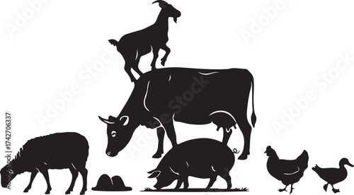 Black silhouette farm animals stacked and standing