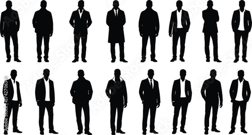 Businessman silhouette set, formal attire, suit, coat, tie, standing poses, professional style, posture, vector, minimal, black, white