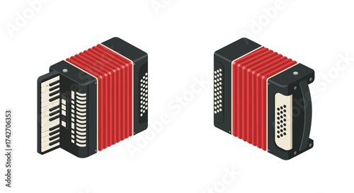 Isometric accordion set: musical instrument design with red bellows and black…