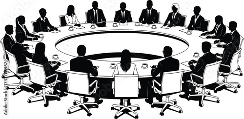Corporate meeting silhouettes, round table, business people, formal attire, teamwork, discussion, boardroom, strategy, leadership, vector, minimal, black