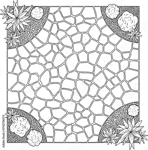 Square patio garden, stone tile pattern, succulent plants, decorative landscaping, mosaic design, outdoor flooring, nature corner, vector illustration, top view