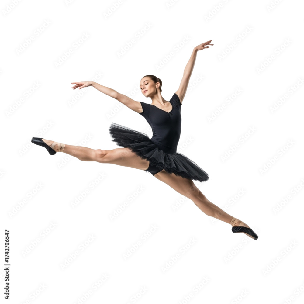 Obraz premium Graceful ballerina performing a dynamic split leap in a black tutu isolated on transparent background