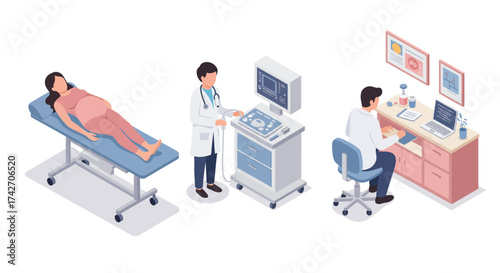 Isometric medical scene with doctors performing prenatal ultrasound and analy…