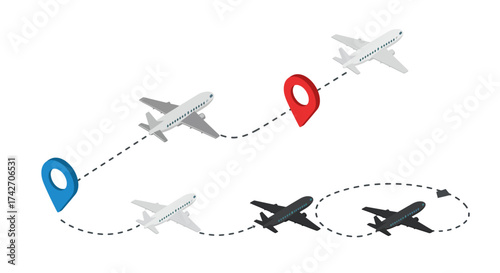 Isometric airplane travel path with location markers and dotted lines