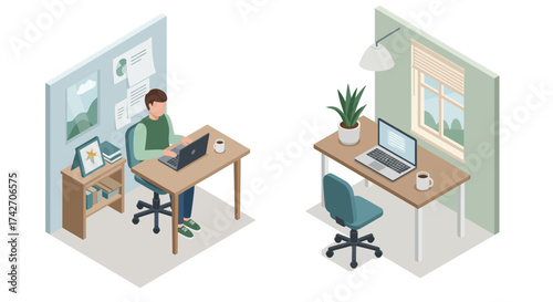 Isometric home office design with laptop and desk setup