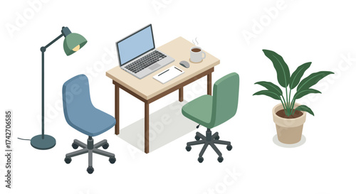Modern office workspace with laptop featuring minimalist isometric design
