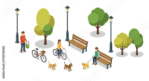 Isometric park scene with people walking dogs and cycling among trees and ben…