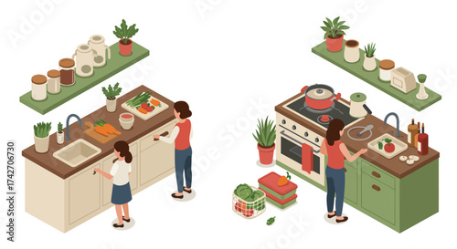 Isometric kitchen scene with family cooking and organizing in warm tones