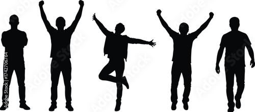 Human silhouette poses, expressive body language, arms raised, crossed, jumping, standing, emotional gesture, posture study, vector, minimal, black, white