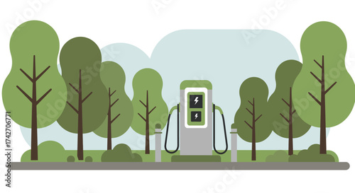 Eco-friendly electric vehicle charging station in a forest setting