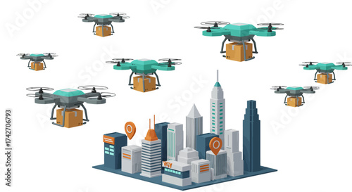 Futuristic cityscape with delivery drones in flight over skyscrapers