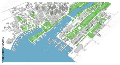 Isometric cityscape featuring urban architecture and waterfront harbor scene