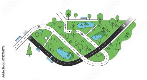 Urban park with cycling paths and greenery in minimalist style