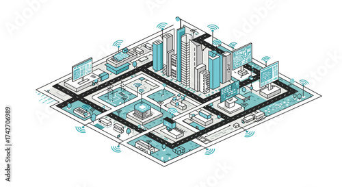 Isometric smart city with digital network and connected technology