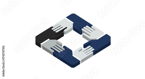 Diverse hands in unity symbolizing teamwork and inclusion in 3d design