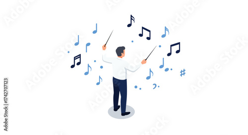 Isometric conductor leading orchestra with musical notes