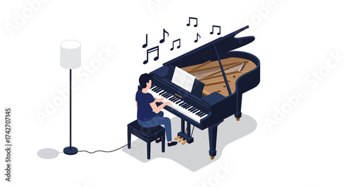 Isometric art: person playing grand piano at home with music notes