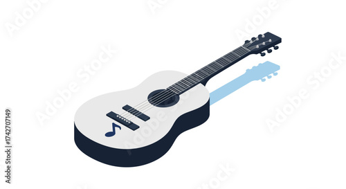 Isometric acoustic guitar with musical note on white background