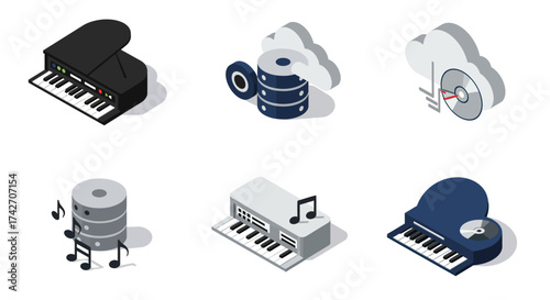 Isometric music and cloud storage icons: piano, servers, and notes