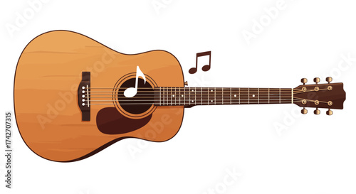 Acoustic guitar with musical notes on white background